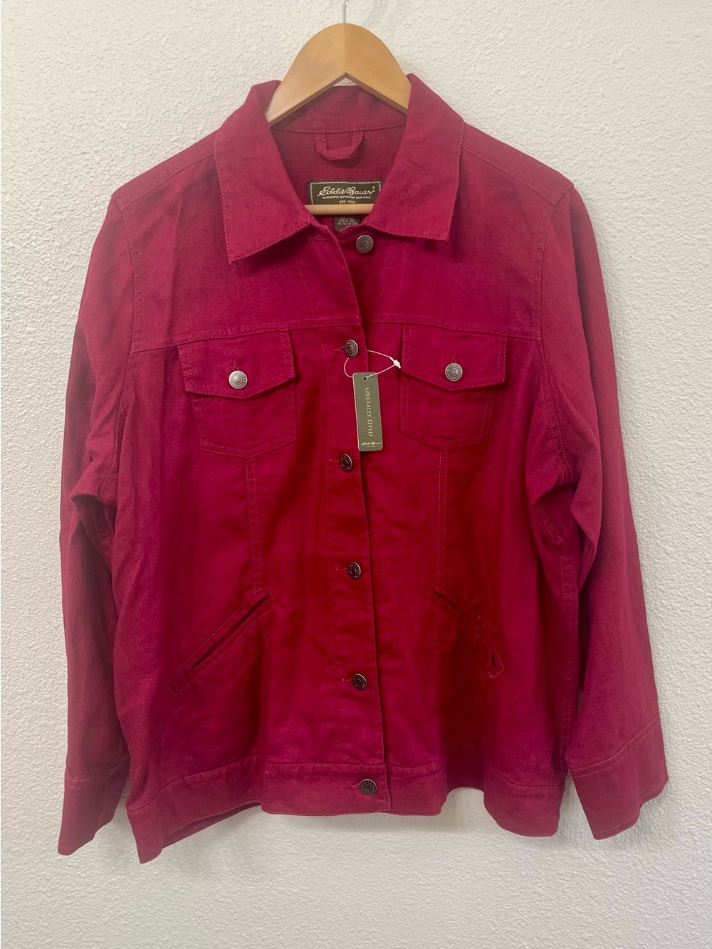 Eddie Bauer Women's 100% Linen Deep Berry Red Button-Front Jean Jacket NWT